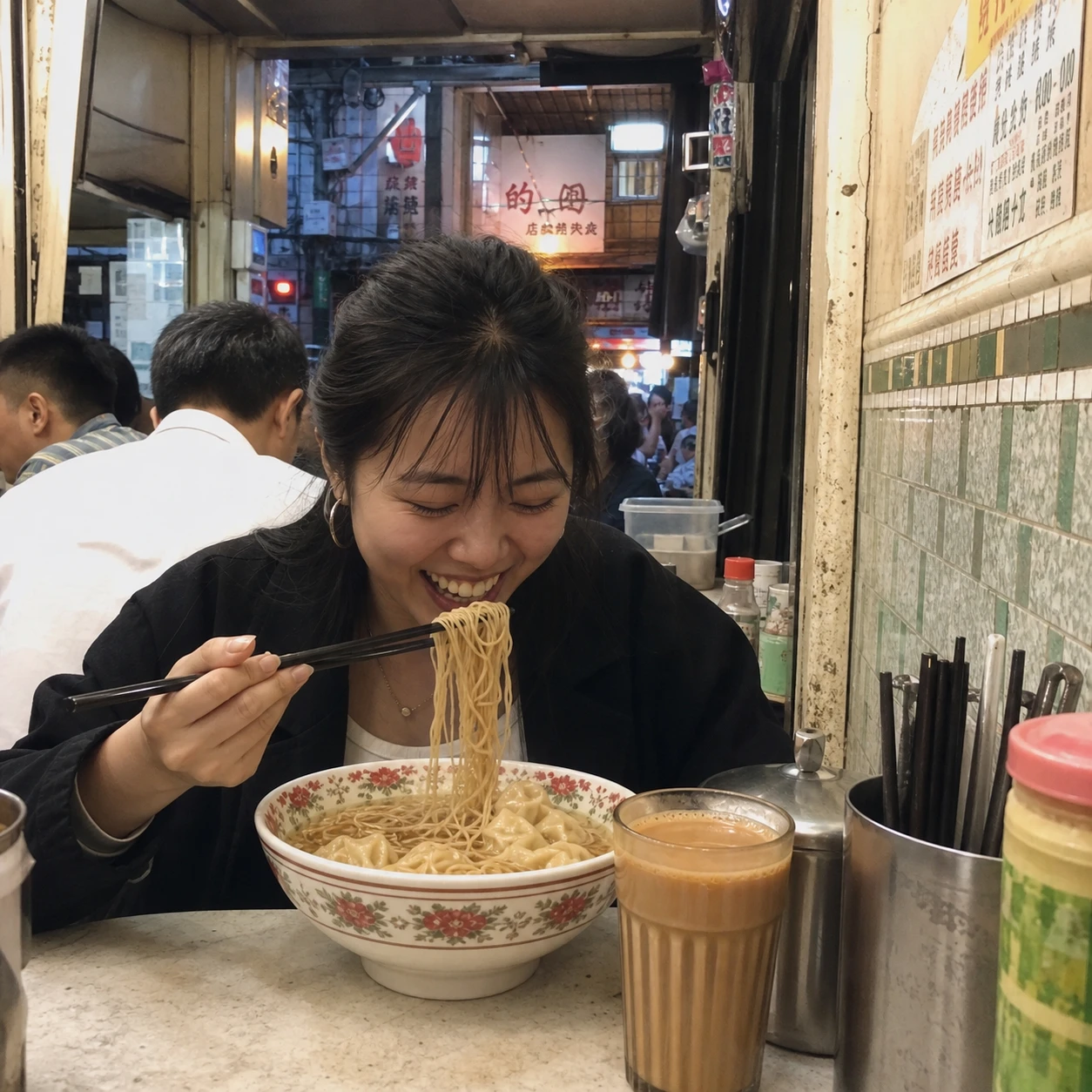 Creator eating wonton noodles at a crowded Hong Kong counter